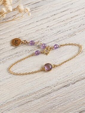 Gold Filled Bracelet amethyst Gemstone and Initial- other stones available